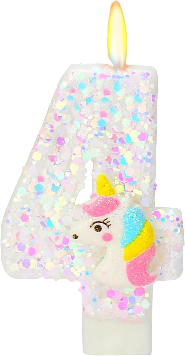 Number 4 Unicorn Birthday Number Candles for Cake, 4th Pink Glitter Candle, Fun Unicorn Cake Topper, Birthday Decorations & Cupcake Toppers for Party Supplies