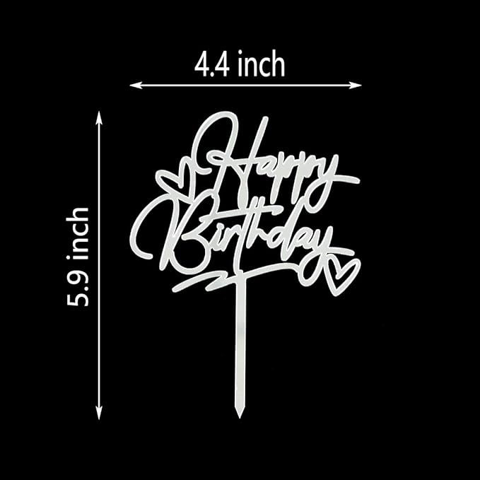 Happy Birthday Cake Topper - Birthday Party Decorations, Mirror Silver Acrylic