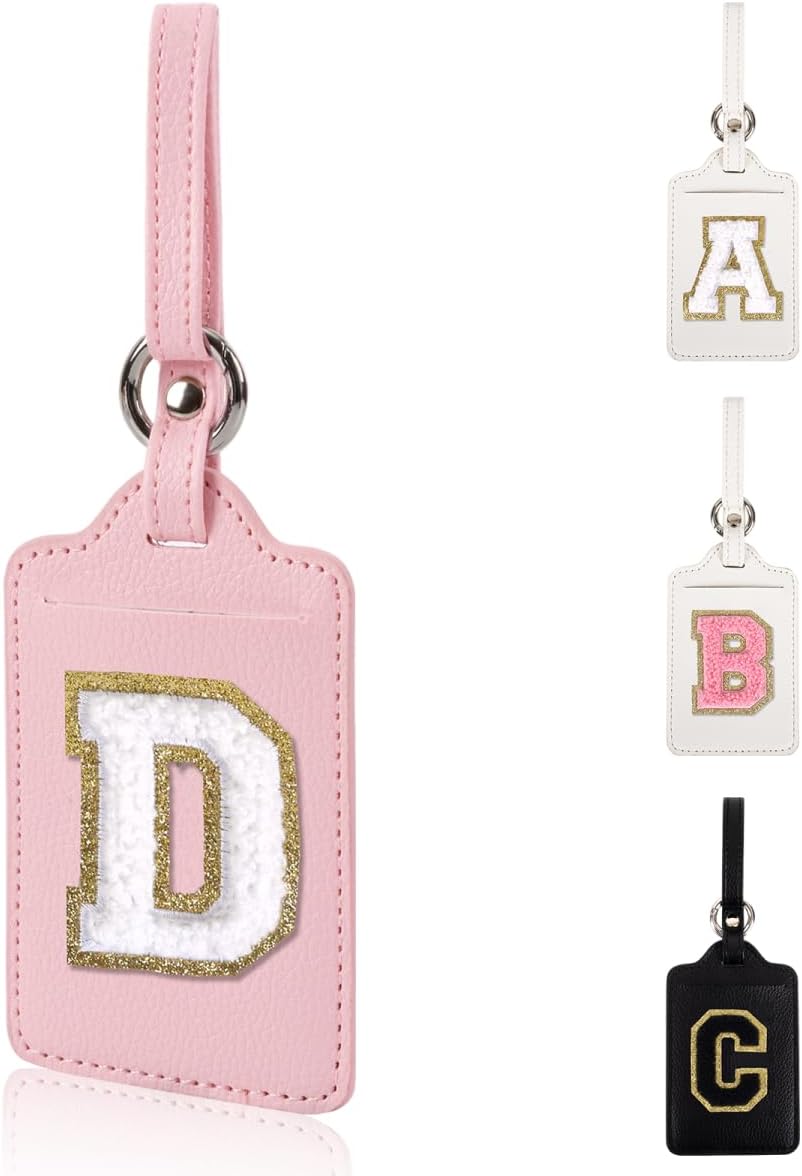 Personalized Initial Luggage Tags for Suitcases, Leather Chenille Letter Cute Luggage Tags with Privacy Name Card, Embroidered Travel Bag Backpack Tags Gifts for Women Kids Girls Teens(Pink-D)