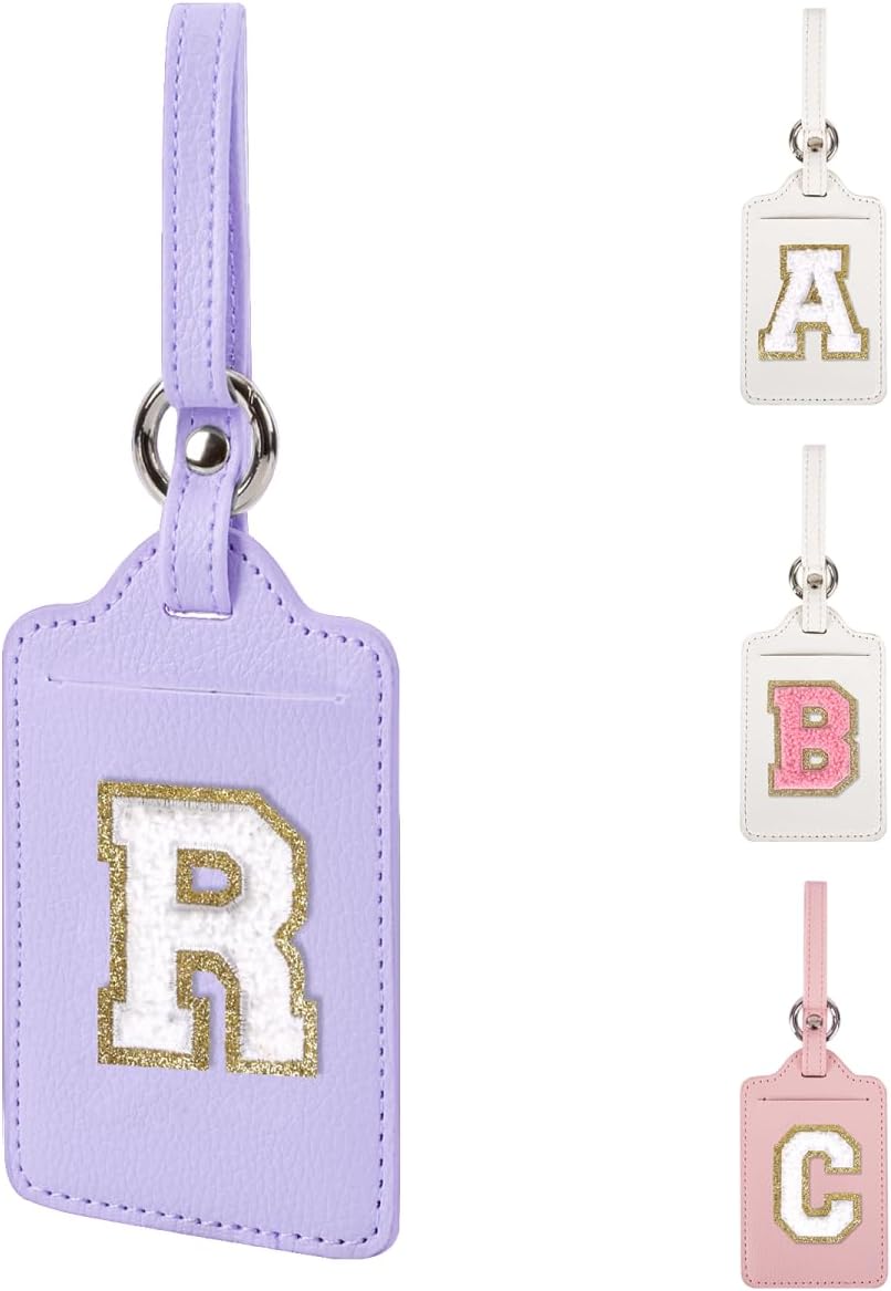 Personalized Initial Luggage Tags for Suitcases, Leather Chenille Letter Cute Luggage Tags with Privacy Name Card, Embroidered Travel Bag Backpack Tags Gifts for Women Kids Girls Teens(Purple-R)