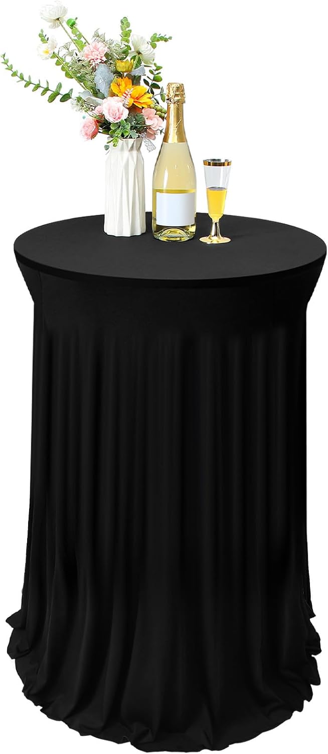 Tegeme 1 Pack 32 x 43 Inch Round Spandex Cocktail Tablecloths with Skirt Cocktail Round Table Cover Spandex Stretch Tablecloth for Fitted High Top Table Bar Wedding Party Banquet (Black)