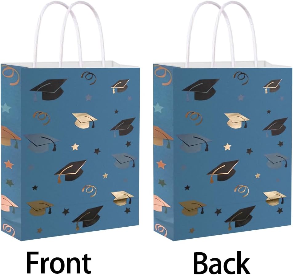 12 Pieces Graduate Gift Bags, Graduation Party Favor Gifts Wrapping Bags for Graduation Season Theme Party Supplies Decoration (Blue Gold)