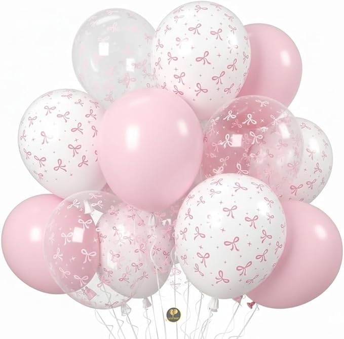 AFTERLOON® Biodegradable Balloons 35 pcs Pastel Pink Clear White with Small Bow Printed 12 Inch Set, Thickened Extra Strong Latex Helium Float, for Baby Shower Gender Reveal Garland Arch Decorations