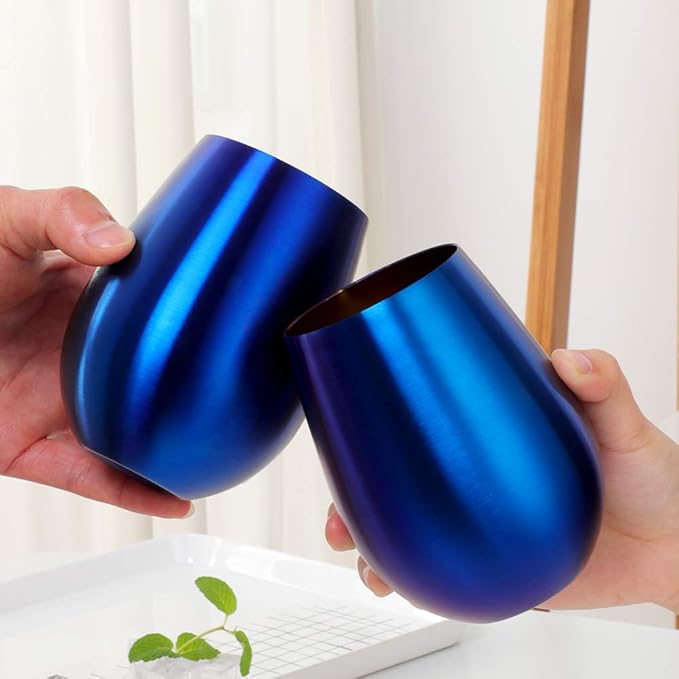 Buyer Star 304 Stainless Steel Wine Glasses Set of 2 - Large 17 oz Outdoor Stemless Wine Tumblers - 100% Unbreakable & Stemless Metal Drinking Cups for Home and Outdoors Dishwasher safe (Blue&Purple)
