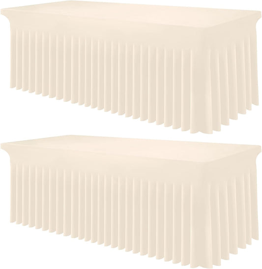 Smiry Spandex Tablecloth 2 Pack, Elastic Fitted Stretch Tablecloth for 8FT Rectangle Tables, Waterproof Washable Table Cover Skirt for Outdoor, Wedding, Banquet & Parties (Beige, 96Lx30Wx30H Inch)