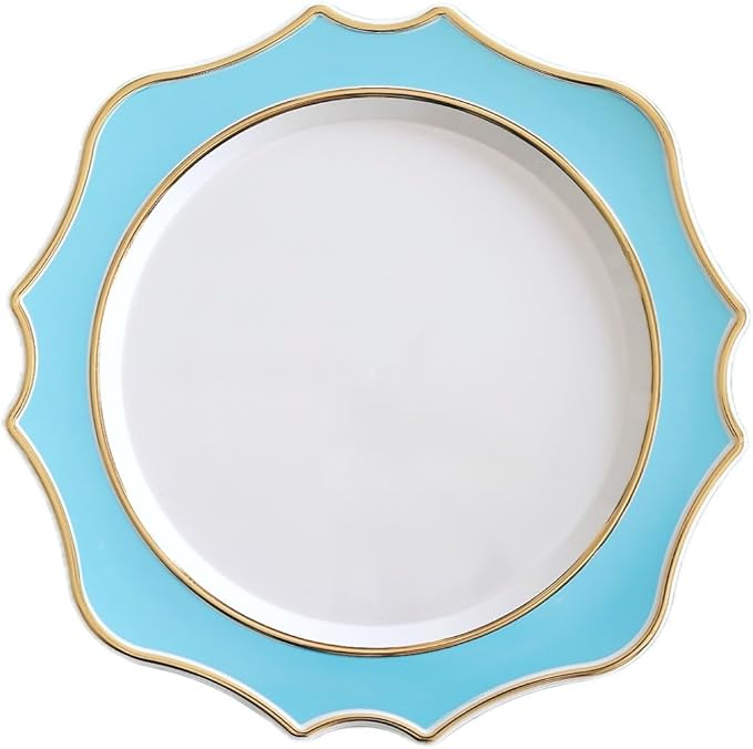 " OCCASIONS " 20 Pieces 13.25'' Scalloped Disposable/Reusable Plastic Charger Plates for Wedding, (Scalloped Imperial Aqua & Gold)