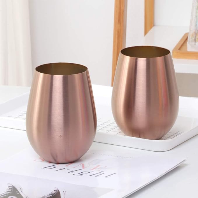 Buyer Star 304 Stainless Steel Wine Glasses Set of 2 - Large 17 oz Outdoor Stemless Wine Tumblers - 100% Unbreakable & Stemless Metal Drinking Cups for Home and Outdoors Dishwasher safe (RoseGold)
