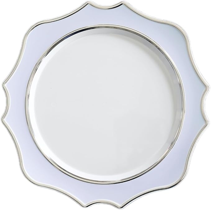 " OCCASIONS " 10 Pieces 13.25'' Scalloped Disposable/Reusable Plastic Charger Plates for Wedding, (Scalloped Imperial Blue & Silver)