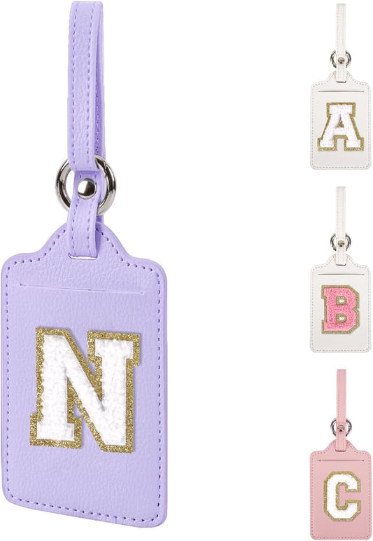 Personalized Initial Luggage Tags for Suitcases, Leather Chenille Letter Cute Luggage Tags with Privacy Name Card, Embroidered Travel Bag Backpack Tags Gifts for Women Kids Girls Teens(Purple-N)
