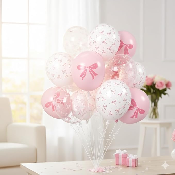 AFTERLOON® Biodegradable Balloons 35 pcs Pastel Pink Clear White with Large Bow Printed 12 Inch Set, Thickened Extra Strong Latex Helium Float, for Baby Shower Gender Reveal Garland Arch Decorations