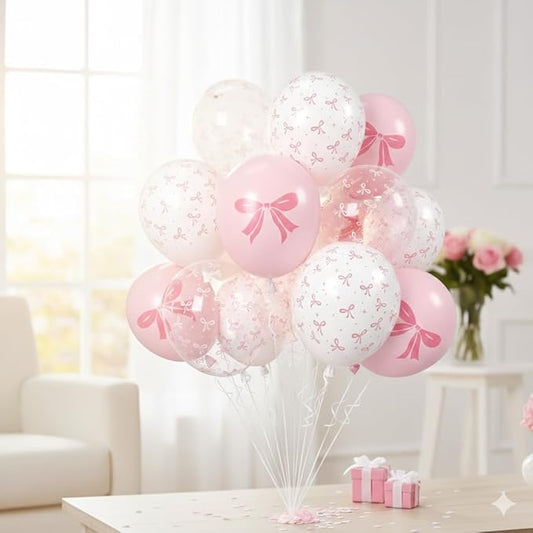 AFTERLOON® Biodegradable Balloons 35 pcs Pastel Pink Clear White with Large Bow Printed 12 Inch Set, Thickened Extra Strong Latex Helium Float, for Baby Shower Gender Reveal Garland Arch Decorations