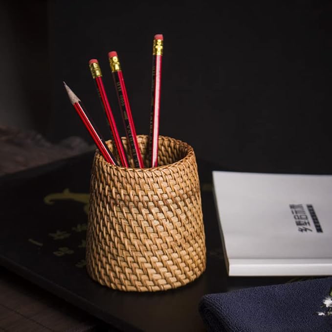 Elsjoy Set of 2 Wicker Pencil Holder, Natural Rattan Pen Cup Woven Makeup Brush Holder, Rustic Utensil Caddy Wicker Pen Organizer for Home Decor, Office, Kitchen