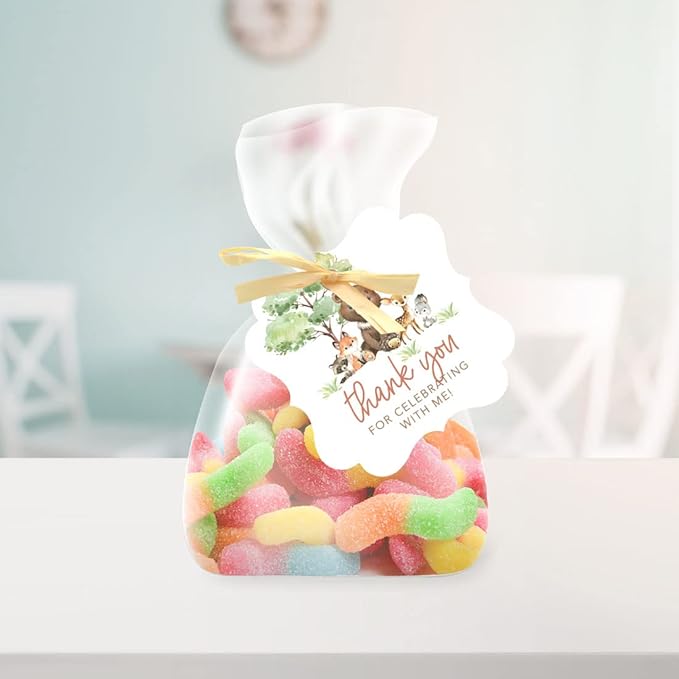 Andaz Press Fancy Frame Kids Party Favor Thank You Tags with String, 48-Pack Woodland Animals Birthday Gift Tags for Gift Bags, Favor Bags, Goody Bags, Boys & Girls, Gender-Neutral 1st Birthday Tags