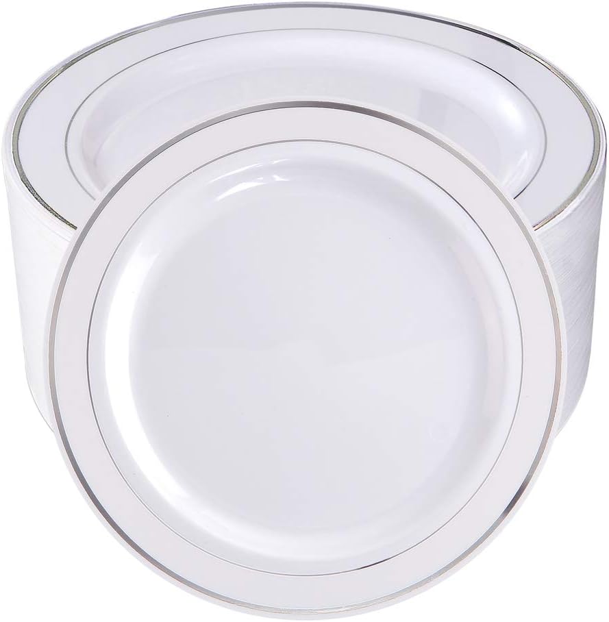 bUCLA 100Pieces Silver Rim Plastic Plates - 7.5inch Silver Salad/Dessert Plates Disposable - Ideal for Weddings, Parties & Christmas