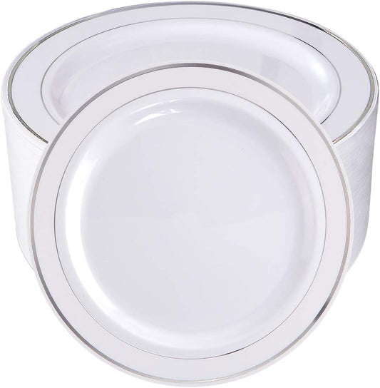 bUCLA 100Pieces Silver Rim Plastic Plates - 7.5inch Silver Salad/Dessert Plates Disposable - Ideal for Weddings, Parties & Christmas