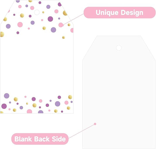Anwyll Gift Tags with String - 100Pcs Purple Gold Confetti Polka Dot Gift Bag Tags Personalized White Blank Hanging Paper Label Tag for Birthday Party Bridal Shower Wedding Mothers Day Favors Present