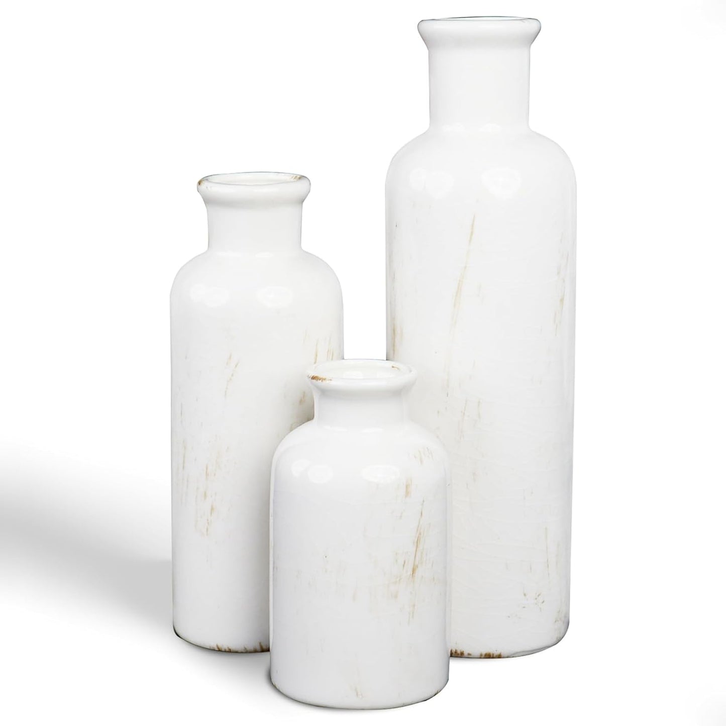 White Ceramic Vase Set of 3 - Crackle Glaze Bottle Vases for Rustic Farmhouse Table Centerpiece, Shelf & Mantel Decor