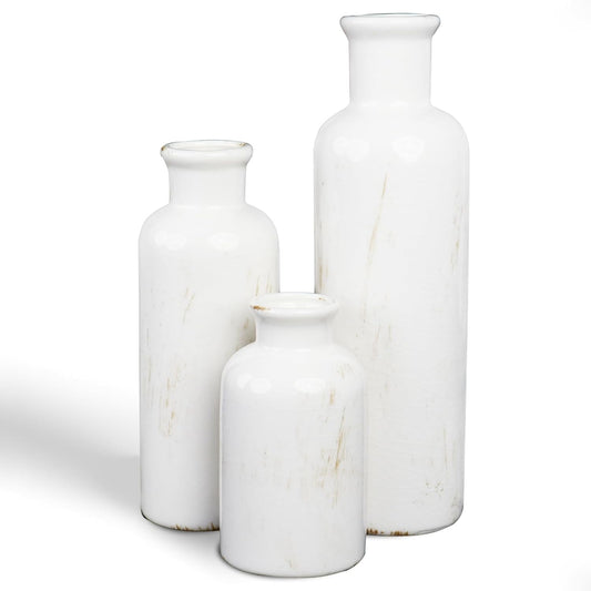White Ceramic Vase Set of 3 - Crackle Glaze Bottle Vases for Rustic Farmhouse Table Centerpiece, Shelf & Mantel Decor