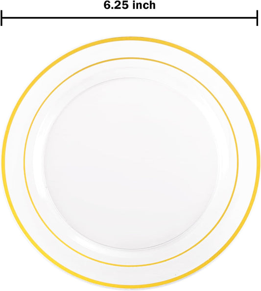 bUCLA 100 Pieces Clear Gold Plastic Plates Disposable - 6.25 Inch Clear Plastic Dessert Plates with Gold Trim for Party, Wedding & Thanksgiving