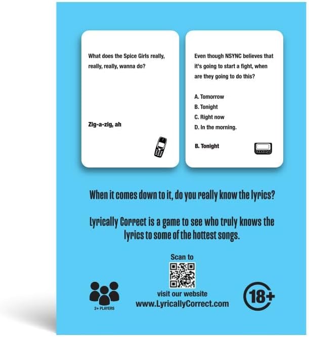 Lyrically Correct '90s & 2000s Music Trivia Card Game - Pop Edition - Finish The Lyrics Challenge, Fun for Adults, Party or Family Night