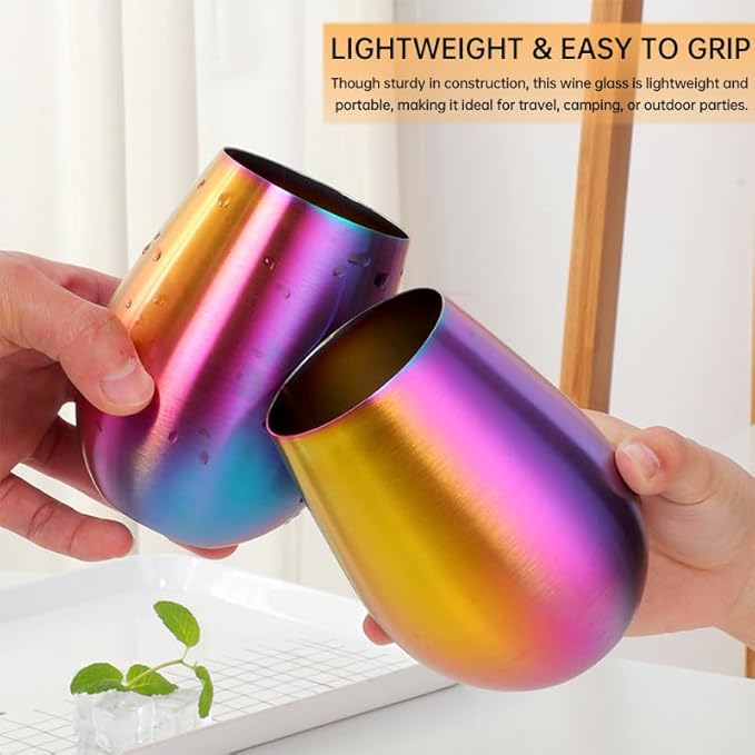 Buyer Star 304 Stainless Steel Wine Glasses Set of 4 - Large 17 oz Outdoor Stemless Wine Tumblers - 100% Unbreakable & Stemless Metal Drinking Cups for Home and Outdoors Dishwasher safe (Rainbow)