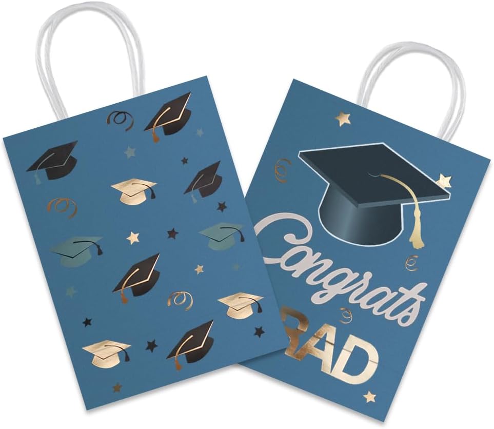 12 Pieces Graduate Gift Bags, Graduation Party Favor Gifts Wrapping Bags for Graduation Season Theme Party Supplies Decoration (Blue Gold)