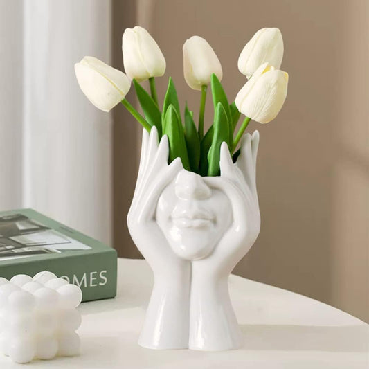 White Ceramic Face Vase, Female Form Head Half Body Bust Vases Boho Feminist Minimalism Decorative Modern Nordic Style Flower Vase for Home Living Room Office Book Shelf Decor (Medium)