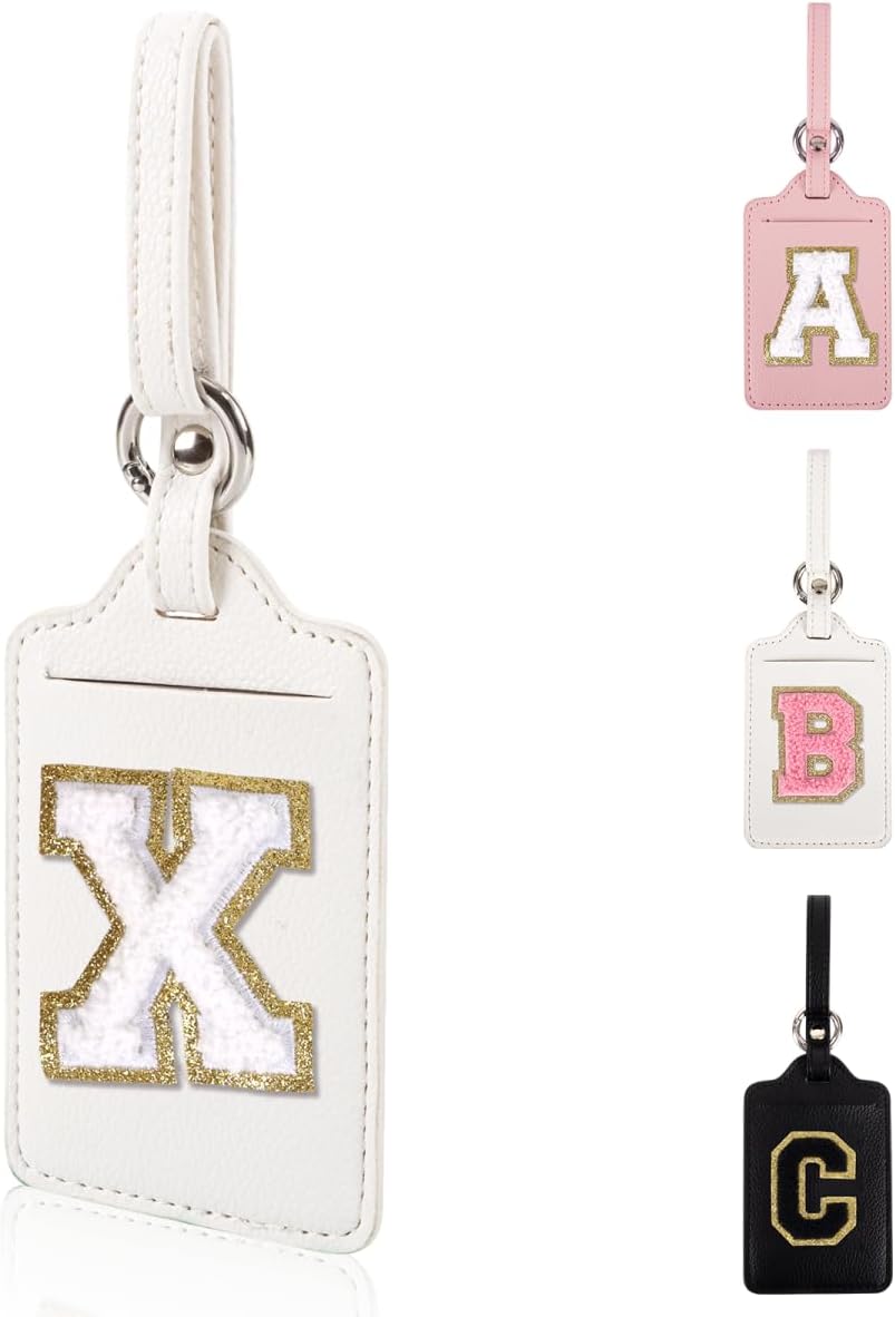 Personalized Initial Luggage Tags for Suitcases, Leather Chenille Letter Cute Luggage Tags with Privacy Name Card, Embroidered Travel Bag Backpack Tags Gifts for Women Kids Girls Teens(White-X)