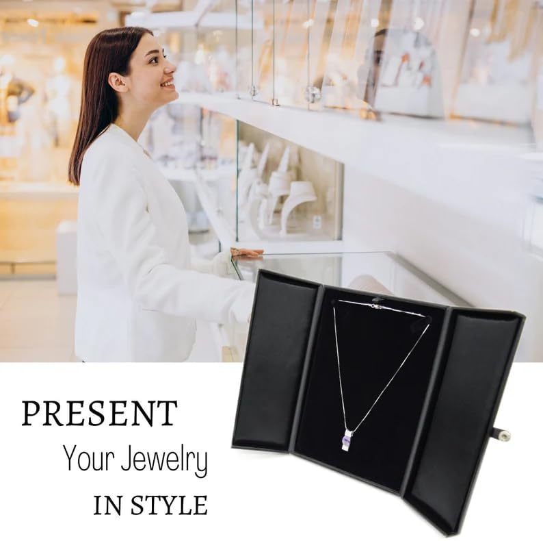 Novel Box 2 Door Black Jewelry Box for Necklace 8.25x5.75x1 Inches - Double Door Necklaces Gift Boxes with Gold Trim - Faux Leatherette Necklace Storage Case - Gift Presentation Cases for Necklaces