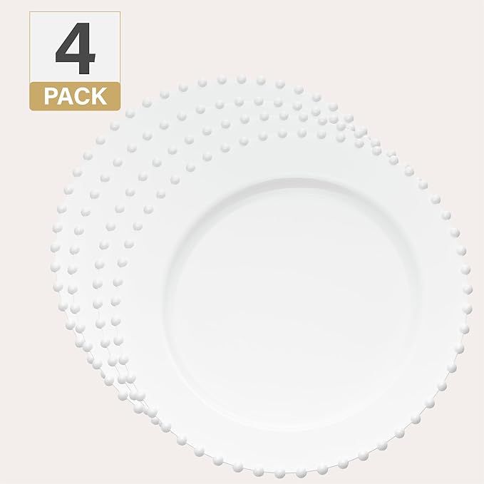 PLASTICPRO White Plastic Charger Plates with Beaded Edge – Pack of 4 – 13" Elegant Round Disposable Chargers for Weddings, Events, Parties, and Dinners