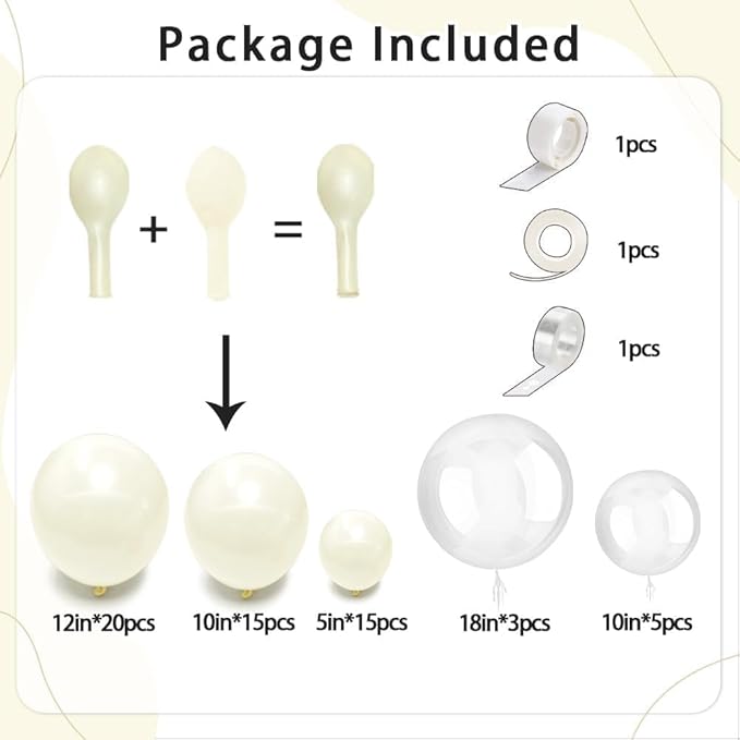 Pearl Ivory White Balloon Arch Double Stuffed Pastel White Ivory Cream Beige Balloon Garland Kit Different Sizes 12/10/5in With Clear Bobo Balloons for Birthday Wedding Bridal Baby Shower Party Decor
