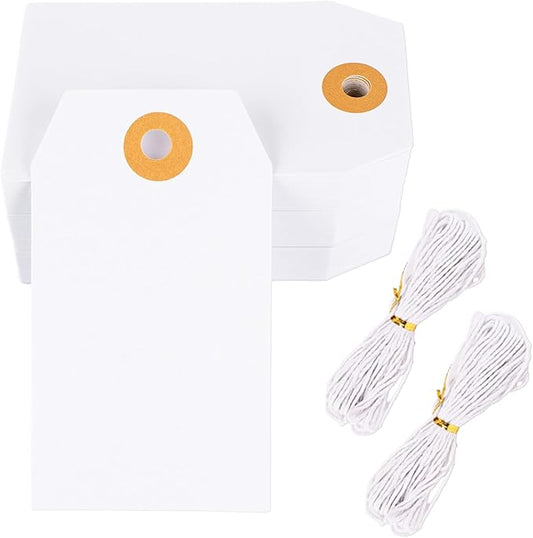 G2PLUS Price Tags with String, 1.6x2.8 in Blank Labeling Tags, White Paper Hang Tag with Reinforced Hole for Shipping, Clothing, Pricing, Marking, Gift Wrapping