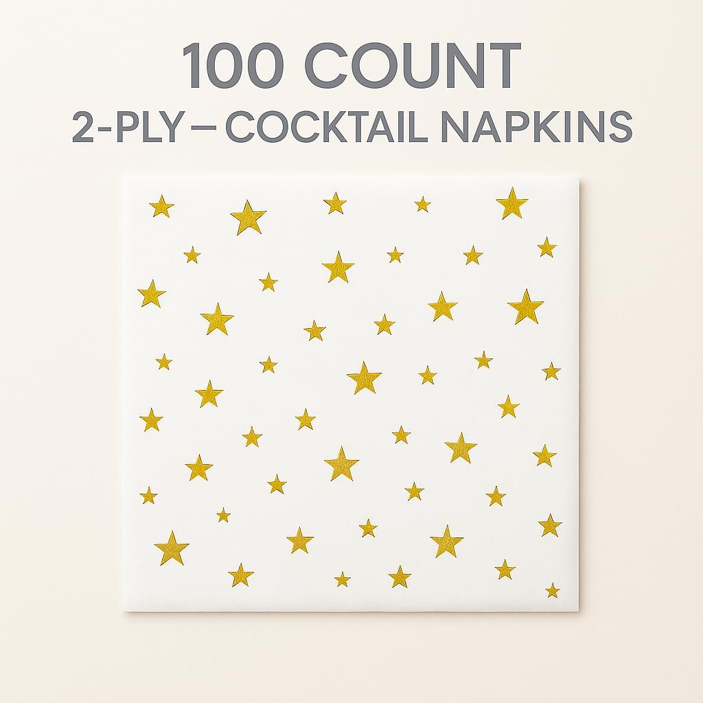 100 Pack White Cocktail Napkins with Gold Stars – 3-Ply Fancy Disposable Party Napkins 5x5 Inches for Weddings, Birthdays, Holidays, Baby Showers & Events – Elegant Gold Foil desgin by Hydro Energy