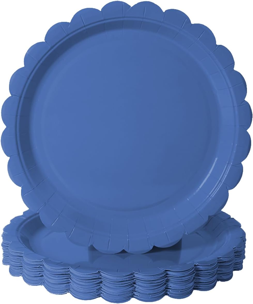 BEFORYOU 50PCS Scalloped Disposable Paper Plates 9IN Dessert Cake Party Plates for Baby Shower, Wedding,Bridal Shower Birthday Party Supplies (Navy Blue, 9IN)