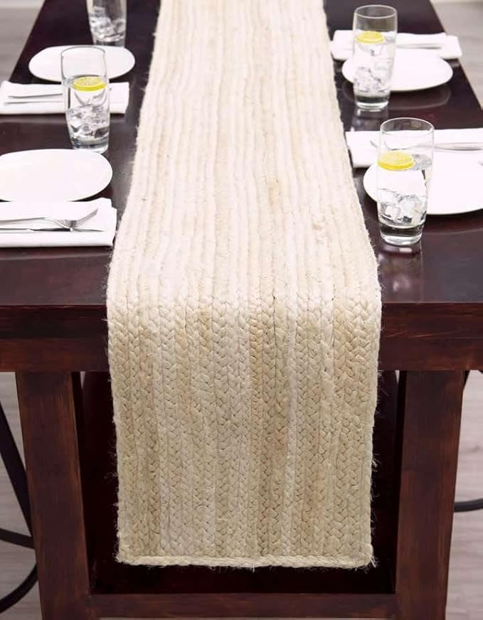 Handwoven Natural Jute Table Runner – Rustic Farmhouse Style, Natural Burlap Look – Eco-Friendly Table Decor for Dining Table, Weddings & Events,Size-14 x 102 Inches-White
