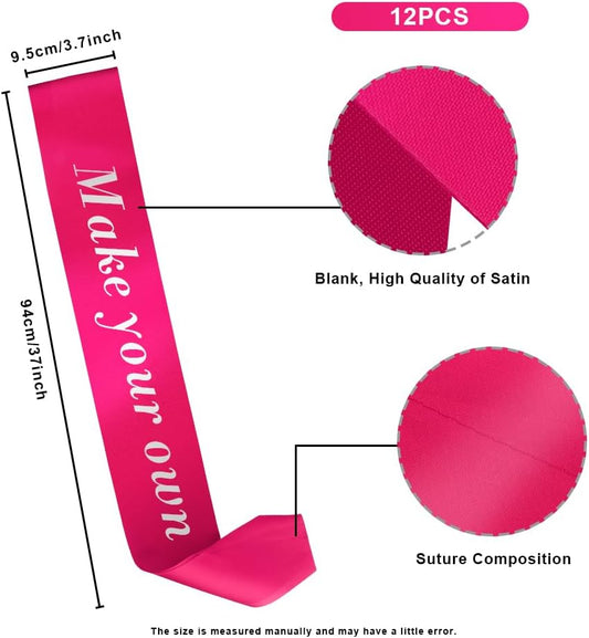 12pcs Satin Sashes - Hot Pink Sash for Birthday Girl, Bride To Be, President, Bachelorette, Homecoming, Pageants, Miss, Senior, Party Favors