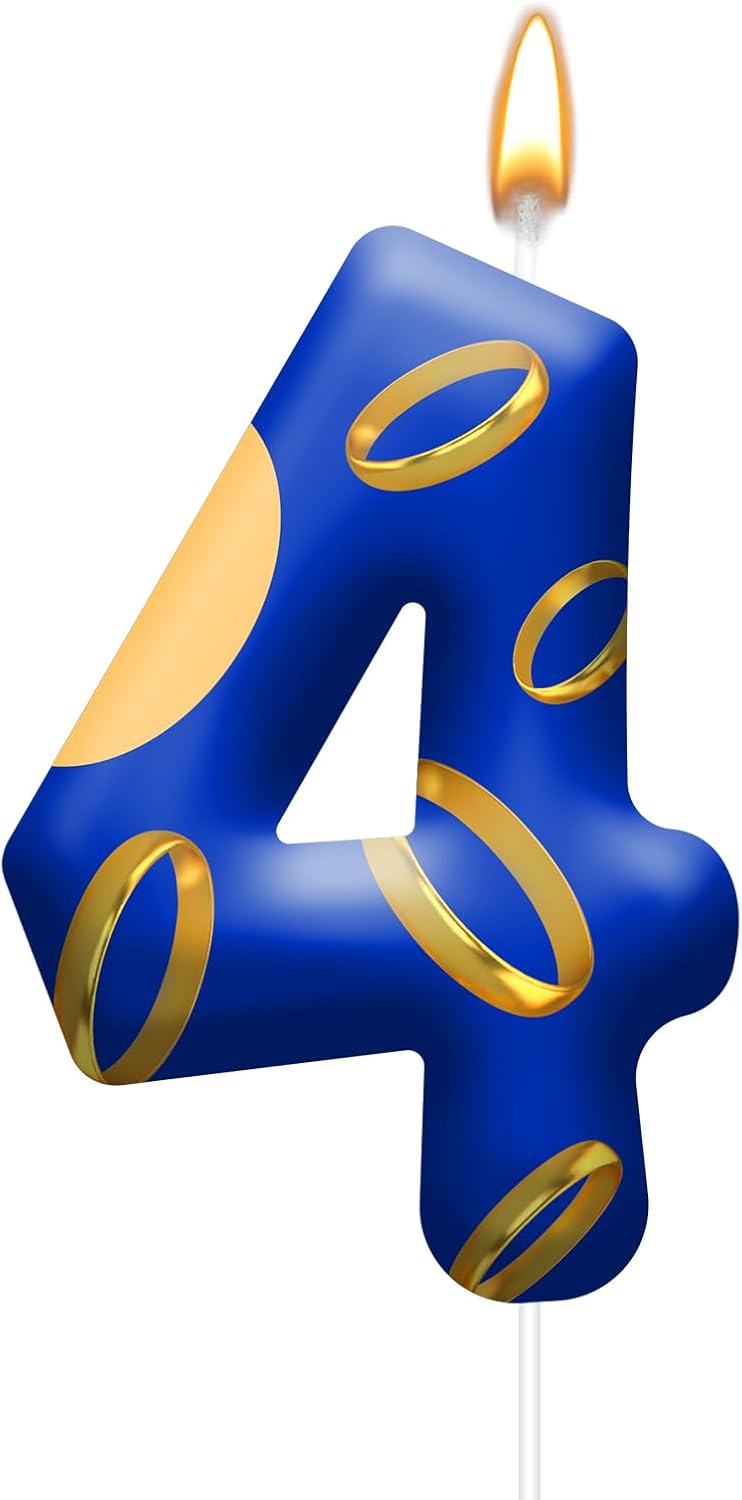 Birthday Cake Candles - Blue and Golden Ring Number Candles with Vibrant Designs for Boys & Girls, Theme Birthday Party Decorations,Cake Toppers for Theme Parties(Number 4)