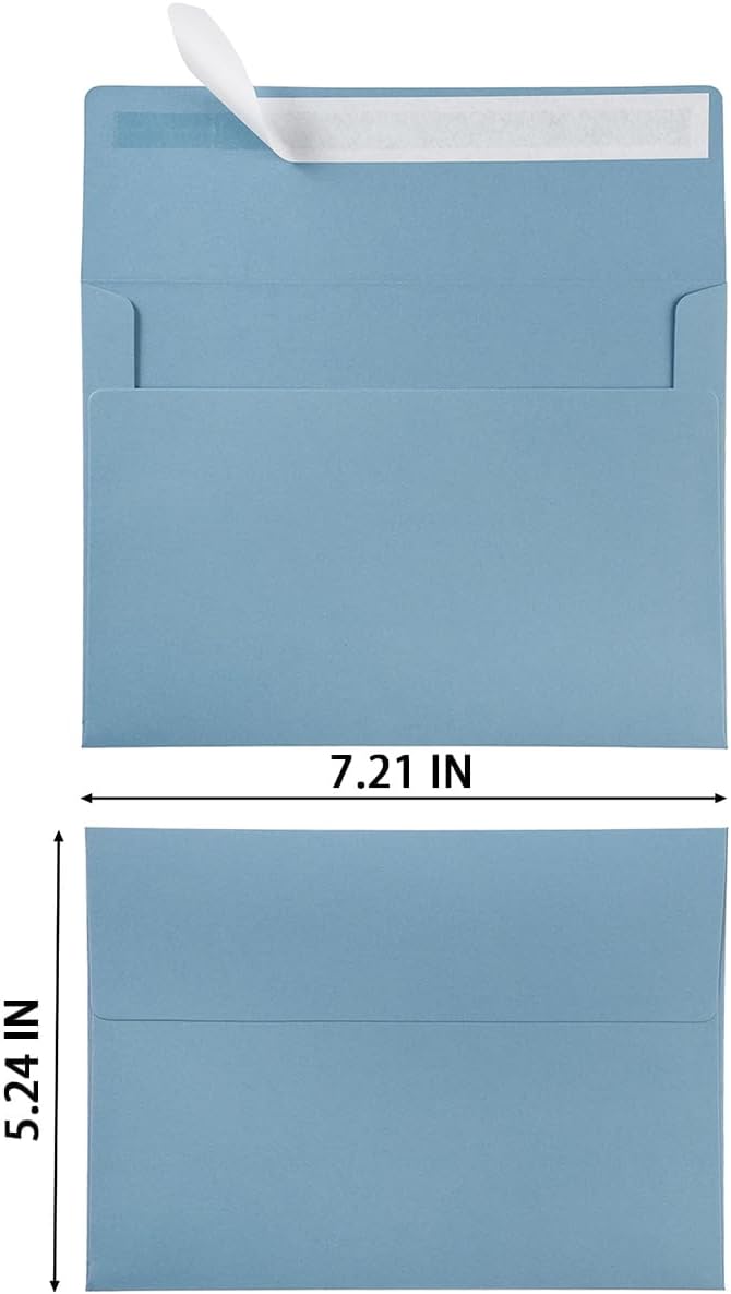 50 Pack 5 x 7 Envelopes Colored Self Seal for Wedding, Party Invitations, Greeting Cards, Announcements, Photos, 5.24 x 7.21 Inches (Dusty-Blue)