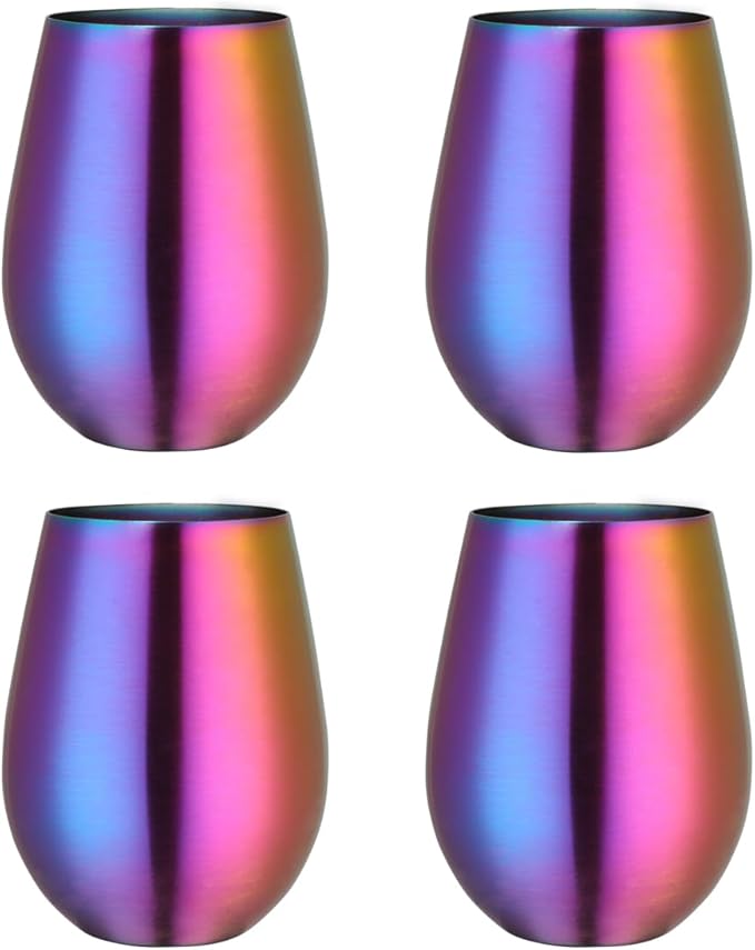 Buyer Star 304 Stainless Steel Wine Glasses Set of 4 - Large 17 oz Outdoor Stemless Wine Tumblers - 100% Unbreakable & Stemless Metal Drinking Cups for Home and Outdoors Dishwasher safe (Rainbow)