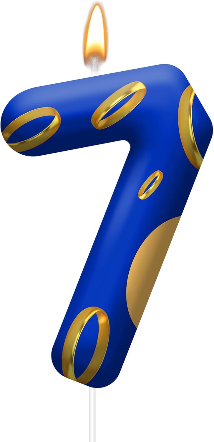 Birthday Cake Candles - Blue and Golden Ring Number Candles with Vibrant Designs for Boys & Girls, Theme Birthday Party Decorations,Cake Toppers for Theme Parties(Number 7)