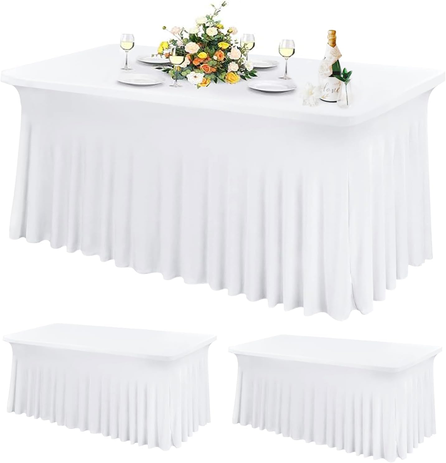Table Skirt for 6ft Tables Spandex White Table Cover with Skirt 2Packs Stretchy Tablecloth Wrinkle-Resistant Ruffles Elastic Table Covers for Wedding, Banquet, Birthday Parties