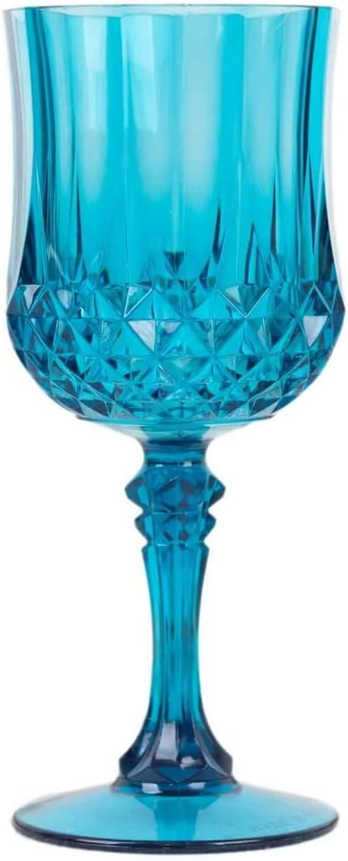 Efavormart 6 Pack Ocean Blue Crystal Cut Reusable Plastic Wine Glasses, Shatterproof Cocktail Goblets 8oz