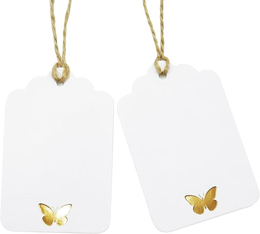 ASYEHJNR 100Pcs Blank Gift Tags with String, Foil Gold Butterfly Large Gift Tags with 65 Ft Jute Twine White Paper Cute Tags for Birthday Baby Shower Wedding Party Gift Wrap Tags