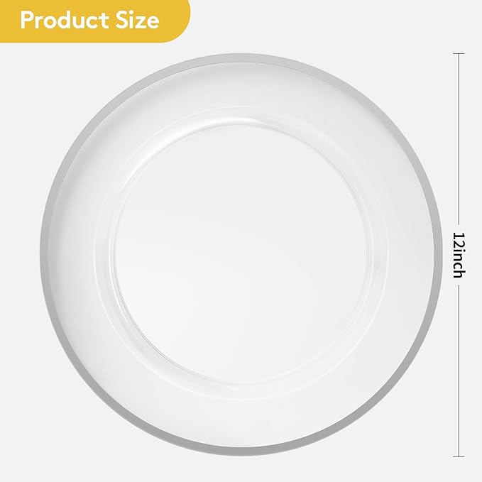 Goodluck 12 Inch Silver Charger Plates, 25 Pack Clear With Silver Trim, Disposable Plastic for Dinner, Wedding, Party