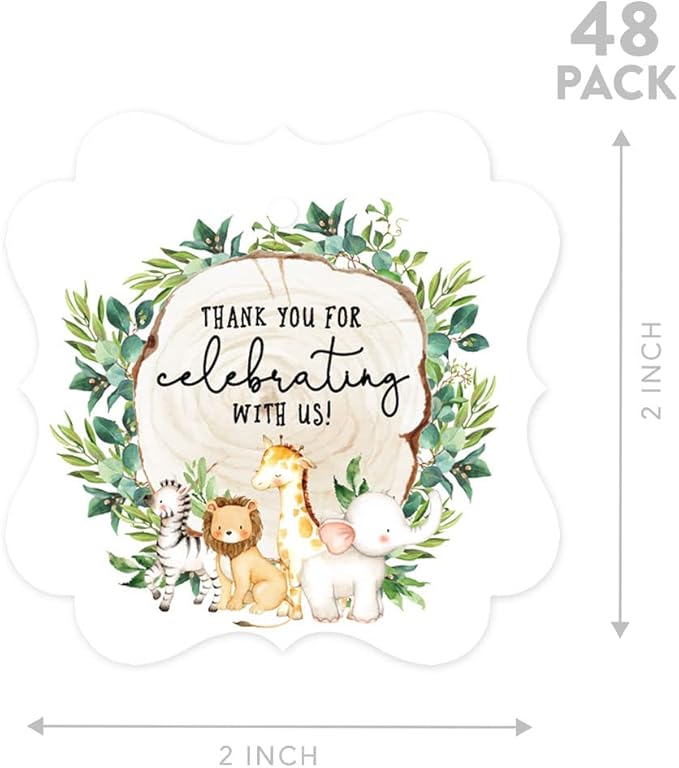 Andaz Press Fancy Frame Kids Party Favor Thank You Tags with String, 48-Pack Safari Animals Birthday Gift Tags For Gift Bags, Favor Bags, Goody Bags, Boys, Girls, Baby Shower 1st Birthday Party Favors