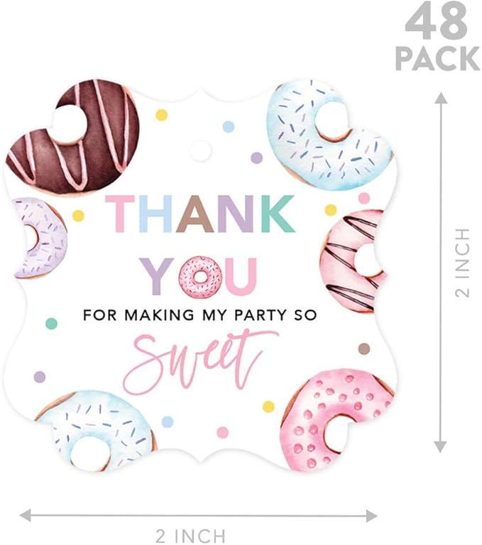 Andaz Press Fancy Frame Kids Party Favor Thank You Tags with String, 48-Pack Donut Birthday Gift Tags for Gift Bags, Favor Bags, Goody Bags, Girls & Boys, Gender-Neutral 1st Birthday Party Favors