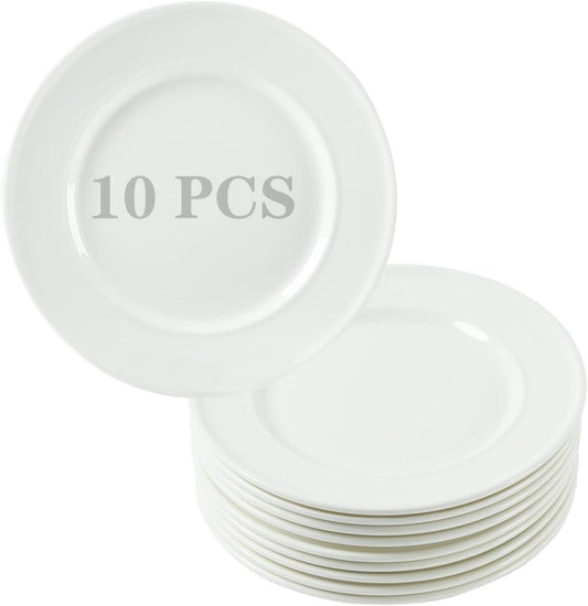 TAMAYKIM 10 Pieces 8 Inch Porcelain Salad Plates, Wide Rim Appetizer Dessert Plates, Round Dinnerware Sets, Scratch Resistant, Microwave, Oven, and Dishwasher Safe, White