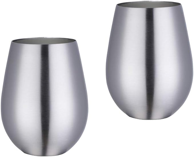 Buyer Star 304 Stainless Steel Wine Glasses Set of 2 - Large 17 oz Outdoor Stemless Wine Tumblers - 100% Unbreakable & Stemless Metal Drinking Cups for Home and Outdoors (Silver)