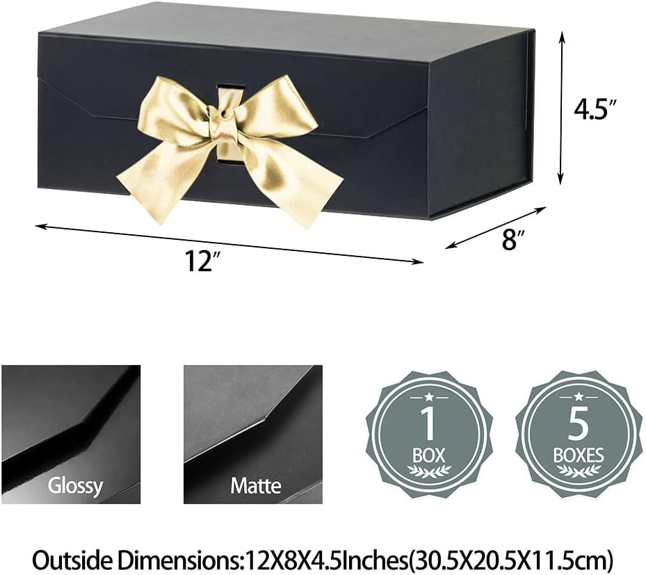 Black Gift Boxes - 12x8x4.5 Inches, Large Collapsible Rectangle Gift Boxes with Ribbon, Magnetic Lid Closure for Birthday, Christmas, Women's Shoes (Matte Black)