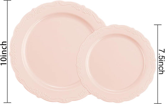 U-QE 100PCS Mauve Pink Plastic Plates - Plastic Party Plates Disposable Heavy Duty - Pink Disposable Plates for Party Including 50PCS 10'' Dinner & 50PCS 7.5'' Dessert